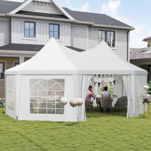 Outsunny 16' x 22' Wedding Event Party Tent High Peak Octagonal Outdoor Gazebo Canopy with Removable Walls, for Weddings, Parties, White - Image 1