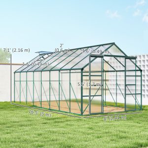 Outsunny 16' x 8' Aluminum Polycarbonate Greenhouse Walk-in Garden Greenhouse Kit with Adjustable Roof Vent, Rain Gutter and Sliding Door for Winter, Green - Image 3