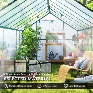Outsunny 16' x 8' Aluminum Polycarbonate Greenhouse Walk-in Garden Greenhouse Kit with Adjustable Roof Vent, Rain Gutter and Sliding Door for Winter, Green - Image 4