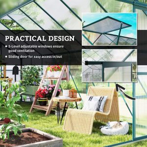 Outsunny 16' x 8' Aluminum Polycarbonate Greenhouse Walk-in Garden Greenhouse Kit with Adjustable Roof Vent, Rain Gutter and Sliding Door for Winter, Green - Image 15