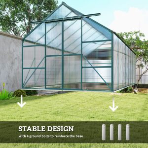 Outsunny 16' x 8' Aluminum Polycarbonate Greenhouse Walk-in Garden Greenhouse Kit with Adjustable Roof Vent, Rain Gutter and Sliding Door for Winter, Green - Image 6