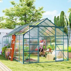 Outsunny 16' x 8' Aluminum Polycarbonate Greenhouse Walk-in Garden Greenhouse Kit with Adjustable Roof Vent, Rain Gutter and Sliding Door for Winter, Green - Image 18