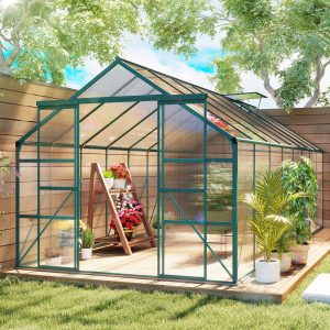 Outsunny 16' x 8' Aluminum Polycarbonate Greenhouse Walk-in Garden Greenhouse Kit with Adjustable Roof Vent, Rain Gutter and Sliding Door for Winter, Green - Image 9