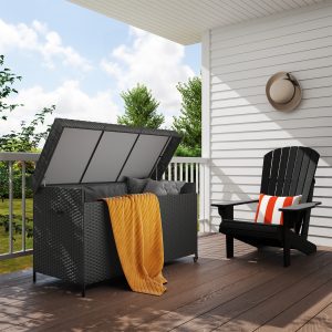 Outsunny 165 Gallon Deck Box, Wicker Outdoor Patio Storage Box with Waterproof Liner, Gas Strut and Universal Wheels, Black - Image 1
