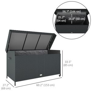 Outsunny 165 Gallon Deck Box, Wicker Outdoor Patio Storage Box with Waterproof Liner, Gas Strut and Universal Wheels, Black - Image 3