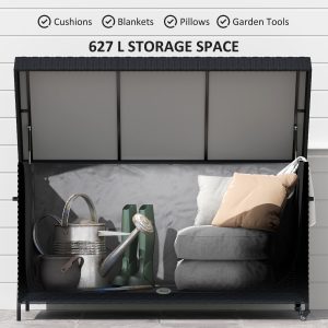 Outsunny 165 Gallon Deck Box, Wicker Outdoor Patio Storage Box with Waterproof Liner, Gas Strut and Universal Wheels, Black - Image 4