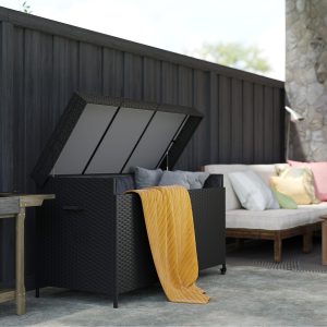 Outsunny 165 Gallon Deck Box, Wicker Outdoor Patio Storage Box with Waterproof Liner, Gas Strut and Universal Wheels, Black - Image 8