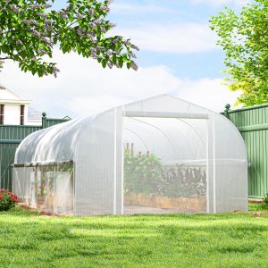 Outsunny 19.5' x 10' x 6.6' Tunnel Greenhouse Outdoor Green House with Roll-up Mesh Sidewalls, Mesh Door, Galvanized Steel, Wind Resistant, White - Image 1