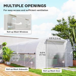 Outsunny 19.5' x 10' x 6.6' Tunnel Greenhouse Outdoor Green House with Roll-up Mesh Sidewalls, Mesh Door, Galvanized Steel, Wind Resistant, White - Image 4