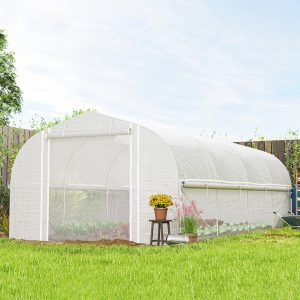 Outsunny 19.5' x 10' x 6.6' Tunnel Greenhouse Outdoor Green House with Roll-up Mesh Sidewalls, Mesh Door, Galvanized Steel, Wind Resistant, White - Image 8