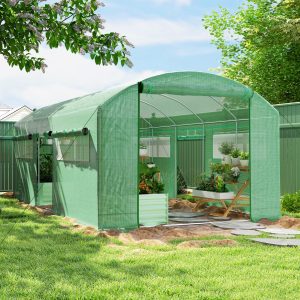 Outsunny 19.5' x 10' x 7.5' Tunnel Greenhouse with 3 Roll-Up Doors and Large Mesh Windows, Galvanized Steel Frame, Wind Resistant, Green - Image 1