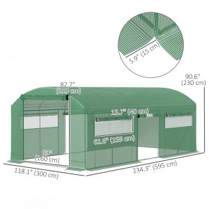 Outsunny 19.5' x 10' x 7.5' Tunnel Greenhouse with 3 Roll-Up Doors and Large Mesh Windows, Galvanized Steel Frame, Wind Resistant, Green - Image 3