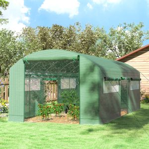 Outsunny 19.5' x 10' x 7.5' Tunnel Greenhouse with 3 Roll-Up Doors and Large Mesh Windows, Galvanized Steel Frame, Wind Resistant, Green - Image 8