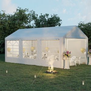 Outsunny 20’ x 10’ Heavy Duty Party Tent Outdoor Carport Canopy Shelter Gazobo with Sidewall, Zipper Door and Windows, White - Image 1