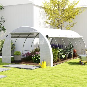 Outsunny 20'x10'x6.6' Tunnel Greenhouse with UV-Resistant Cover, Zippered Door and 12 Roll-up Windows, Outdoor Green House for Garden Plant, White - Image 1