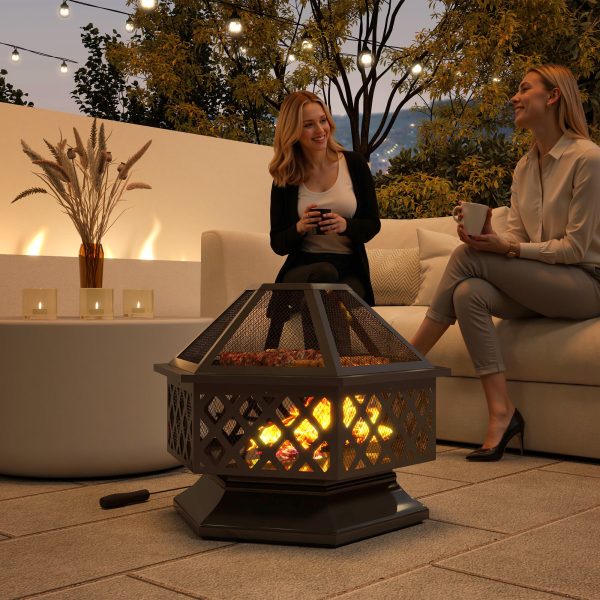 Outsunny 28" Outdoor Fire Pit Wood Burning Firepit with BBQ Grill, Spark Screen, Poker for Patio Backyard Camping Picnic Bonfire - Image 1