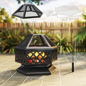Outsunny 28" Outdoor Fire Pit Wood Burning Firepit with BBQ Grill, Spark Screen, Poker for Patio Backyard Camping Picnic Bonfire - Image 3