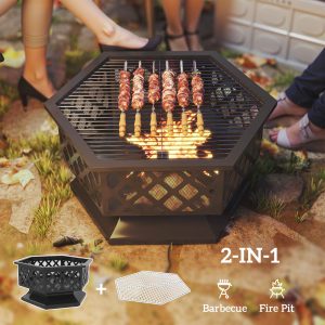 Outsunny 28" Outdoor Fire Pit Wood Burning Firepit with BBQ Grill, Spark Screen, Poker for Patio Backyard Camping Picnic Bonfire - Image 4