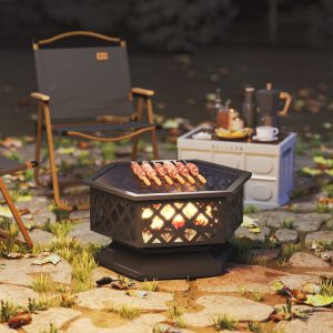 Outsunny 28" Outdoor Fire Pit Wood Burning Firepit with BBQ Grill, Spark Screen, Poker for Patio Backyard Camping Picnic Bonfire - Image 9