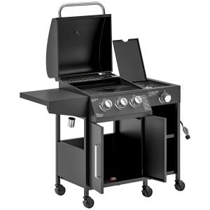 Outsunny 3 Burner Gas Grill with Side Burner, 9.5 KW Propane BBQ Grill, Cabinet Style with Shelves, Wheels, Instant Ignition - Image 2
