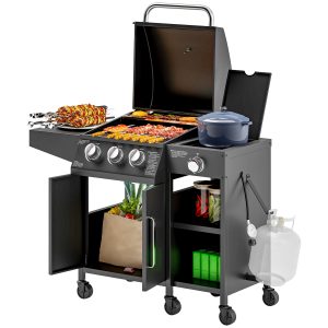 Outsunny 3 Burner Gas Grill with Side Burner, 9.5 KW Propane BBQ Grill, Cabinet Style with Shelves, Wheels, Instant Ignition - Image 11