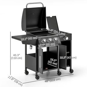 Outsunny 3 Burner Gas Grill with Side Burner, 9.5 KW Propane BBQ Grill, Cabinet Style with Shelves, Wheels, Instant Ignition - Image 3