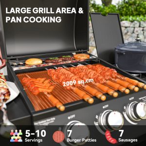 Outsunny 3 Burner Gas Grill with Side Burner, 9.5 KW Propane BBQ Grill, Cabinet Style with Shelves, Wheels, Instant Ignition - Image 4