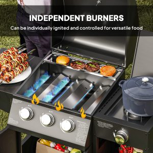 Outsunny 3 Burner Gas Grill with Side Burner, 9.5 KW Propane BBQ Grill, Cabinet Style with Shelves, Wheels, Instant Ignition - Image 6
