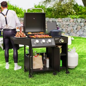 Outsunny 3 Burner Gas Grill with Side Burner, 9.5 KW Propane BBQ Grill, Cabinet Style with Shelves, Wheels, Instant Ignition - Image 8