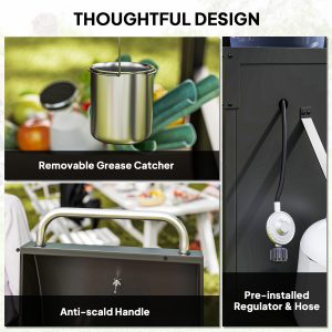 Outsunny 3 Burner Gas Grill with Side Burner, 9.5 KW Propane BBQ Grill, Cabinet Style with Shelves, Wheels, Instant Ignition - Image 10