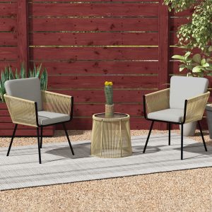 Outsunny 3 Piece Outdoor Patio Bistro Set, Wicker Rattan Furniture with Metal Legs for Garden, Backyard, Coffee and Light Grey - Image 1