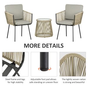 Outsunny 3 Piece Outdoor Patio Bistro Set, Wicker Rattan Furniture with Metal Legs for Garden, Backyard, Coffee and Light Grey - Image 4