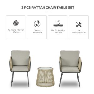 Outsunny 3 Piece Outdoor Patio Bistro Set, Wicker Rattan Furniture with Metal Legs for Garden, Backyard, Coffee and Light Grey - Image 5