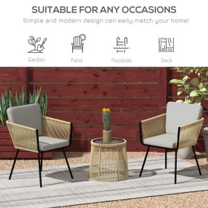 Outsunny 3 Piece Outdoor Patio Bistro Set, Wicker Rattan Furniture with Metal Legs for Garden, Backyard, Coffee and Light Grey - Image 7