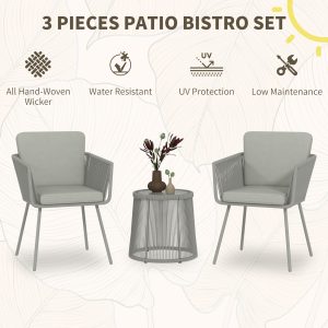 Outsunny 3 Piece Outdoor Patio Bistro Set, Wicker Rattan Furniture with Metal Legs for Garden, Backyard, Light Grey - Image 4