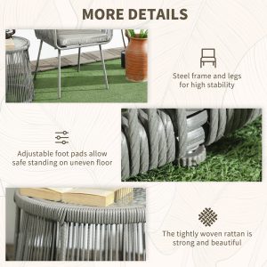 Outsunny 3 Piece Outdoor Patio Bistro Set, Wicker Rattan Furniture with Metal Legs for Garden, Backyard, Light Grey - Image 6