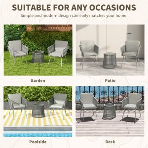 Outsunny 3 Piece Outdoor Patio Bistro Set, Wicker Rattan Furniture with Metal Legs for Garden, Backyard, Light Grey - Image 7