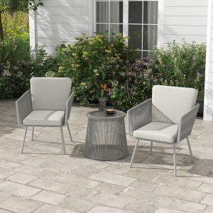 Outsunny 3 Piece Outdoor Patio Bistro Set, Wicker Rattan Furniture with Metal Legs for Garden, Backyard, Light Grey - Image 8