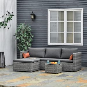 Outsunny 3-Piece Patio Furniture Set Modern Sectional Sofa Rattan Chair Wicker Conversation Set Outdoor Hand Woven Rattan Wicker Furniture Patio Coffee Table Sofa Set, Grey - Image 1