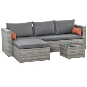 Outsunny 3-Piece Patio Furniture Set Modern Sectional Sofa Rattan Chair Wicker Conversation Set Outdoor Hand Woven Rattan Wicker Furniture Patio Coffee Table Sofa Set, Grey - Image 2