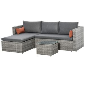 Outsunny 3-Piece Patio Furniture Set Modern Sectional Sofa Rattan Chair Wicker Conversation Set Outdoor Hand Woven Rattan Wicker Furniture Patio Coffee Table Sofa Set, Grey - Image 12