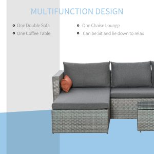 Outsunny 3-Piece Patio Furniture Set Modern Sectional Sofa Rattan Chair Wicker Conversation Set Outdoor Hand Woven Rattan Wicker Furniture Patio Coffee Table Sofa Set, Grey - Image 4