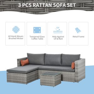 Outsunny 3-Piece Patio Furniture Set Modern Sectional Sofa Rattan Chair Wicker Conversation Set Outdoor Hand Woven Rattan Wicker Furniture Patio Coffee Table Sofa Set, Grey - Image 6