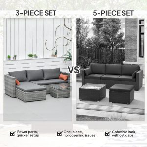 Outsunny 3-Piece Patio Furniture Set Modern Sectional Sofa Rattan Chair Wicker Conversation Set Outdoor Hand Woven Rattan Wicker Furniture Patio Coffee Table Sofa Set, Grey - Image 7
