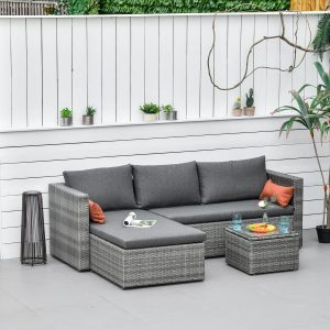 Outsunny 3-Piece Patio Furniture Set Modern Sectional Sofa Rattan Chair Wicker Conversation Set Outdoor Hand Woven Rattan Wicker Furniture Patio Coffee Table Sofa Set, Grey - Image 8