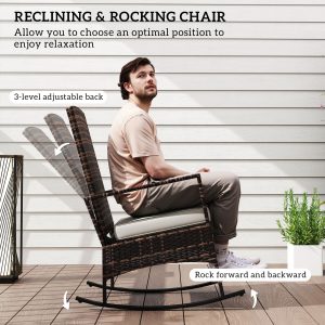 Outsunny 3 Piece Rocking Bistro Set, Wicker Patio Furniture with 3-Level Reclining High Back Rocking Chair and Glass Table, White - Image 4