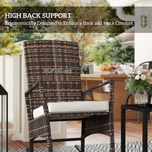 Outsunny 3 Piece Rocking Bistro Set, Wicker Patio Furniture with 3-Level Reclining High Back Rocking Chair and Glass Table, White - Image 6