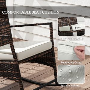 Outsunny 3 Piece Rocking Bistro Set, Wicker Patio Furniture with 3-Level Reclining High Back Rocking Chair and Glass Table, White - Image 7