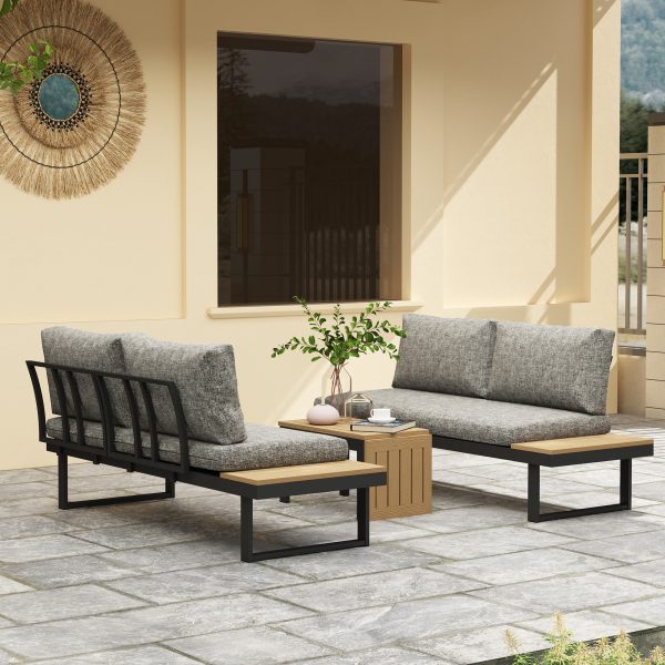 Outsunny 3 Pieces Aluminum Corner Patio Furniture Set Sectional Outdoor Sofa Set with 2 Loveseats Wood-Plastic Coffee Table - Image 1