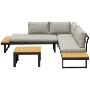 Outsunny 3 Pieces Aluminum Corner Patio Furniture Set Sectional Outdoor Sofa Set with 2 Loveseats Wood-Plastic Coffee Table - Image 2